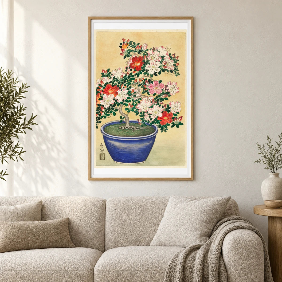 Blooming Azalea In Blue Pot (1920 1930) By Ohara Koson — Japanese Ukiyo-e shown in a styled interior