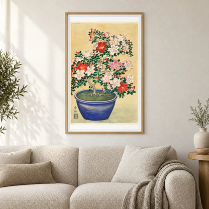 Blooming Azalea In Blue Pot (1920 1930) By Ohara Koson — Japanese Ukiyo-e shown in a styled interior