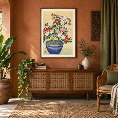 Blooming Azalea In Blue Pot (1920 1930) By Ohara Koson — Japanese Ukiyo-e shown in a styled interior