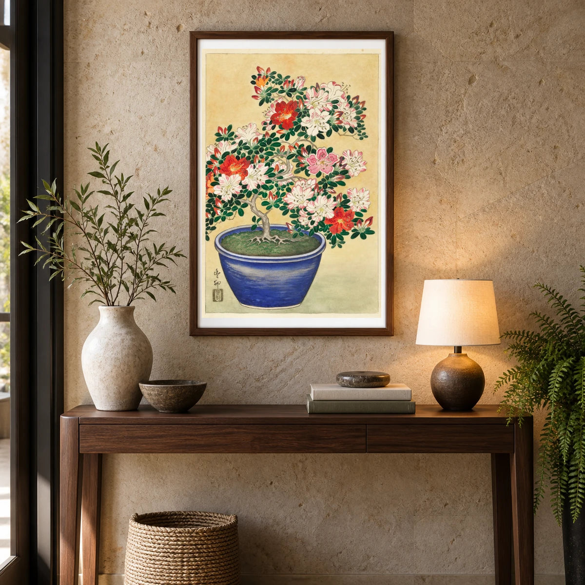 Blooming Azalea In Blue Pot (1920 1930) By Ohara Koson — Japanese Ukiyo-e shown in a styled interior
