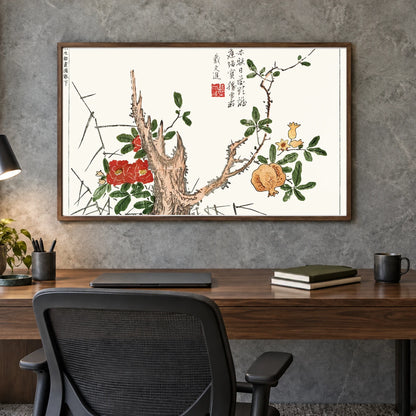 Botanical From Minchô Shiken, Sorimachi 409 (1746) Vintage Japanese Woodblock Prints By Ôoka Shunboku — Japanese Ukiyo-e shown in a styled interior