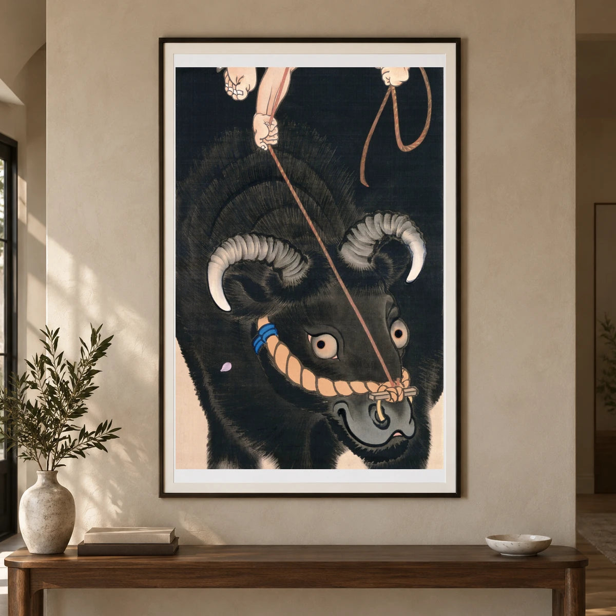 Boy On A Bull (19th Century) Painting By Ueda Kochu — Japanese Ukiyo-e shown in a styled interior