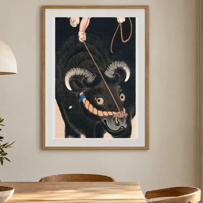 Boy On A Bull (19th Century) Painting By Ueda Kochu — Japanese Ukiyo-e shown in a styled interior