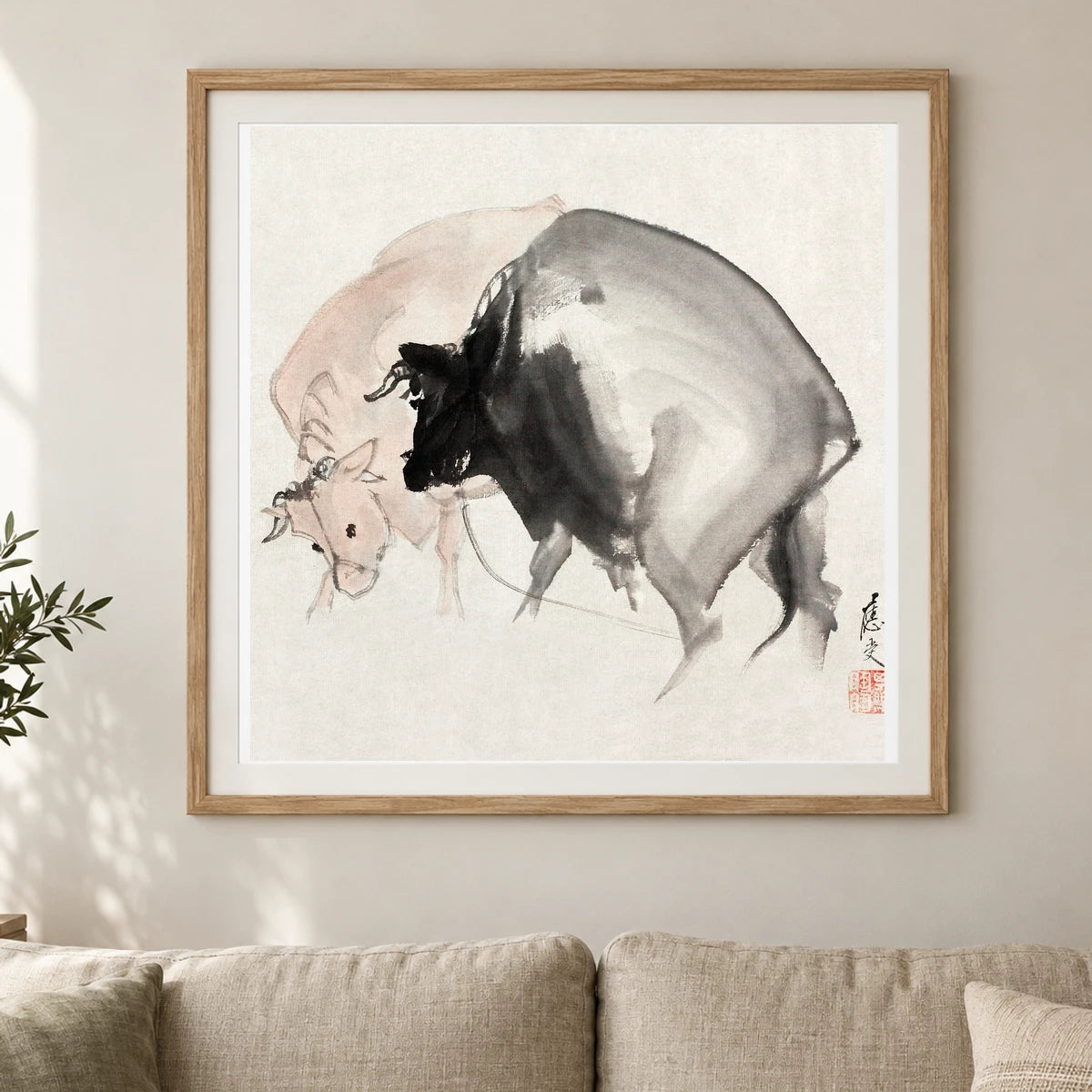 Bulls (1810) Vintage Japanese Painting By Maruyama Oju — Japanese Ukiyo-e shown in a styled interior