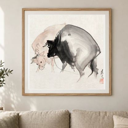 Bulls (1810) Vintage Japanese Painting By Maruyama Oju — Japanese Ukiyo-e shown in a styled interior