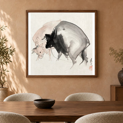 Bulls (1810) Vintage Japanese Painting By Maruyama Oju — Japanese Ukiyo-e shown in a styled interior