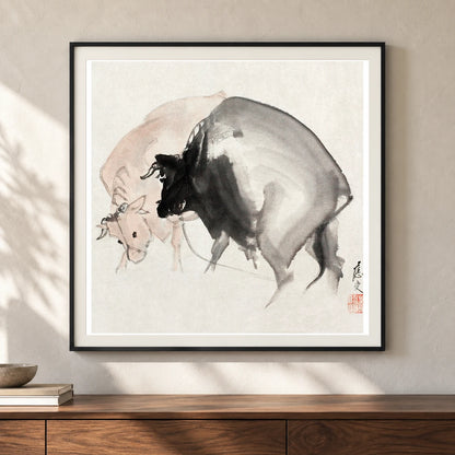 Bulls (1810) Vintage Japanese Painting By Maruyama Oju — Japanese Ukiyo-e shown in a styled interior