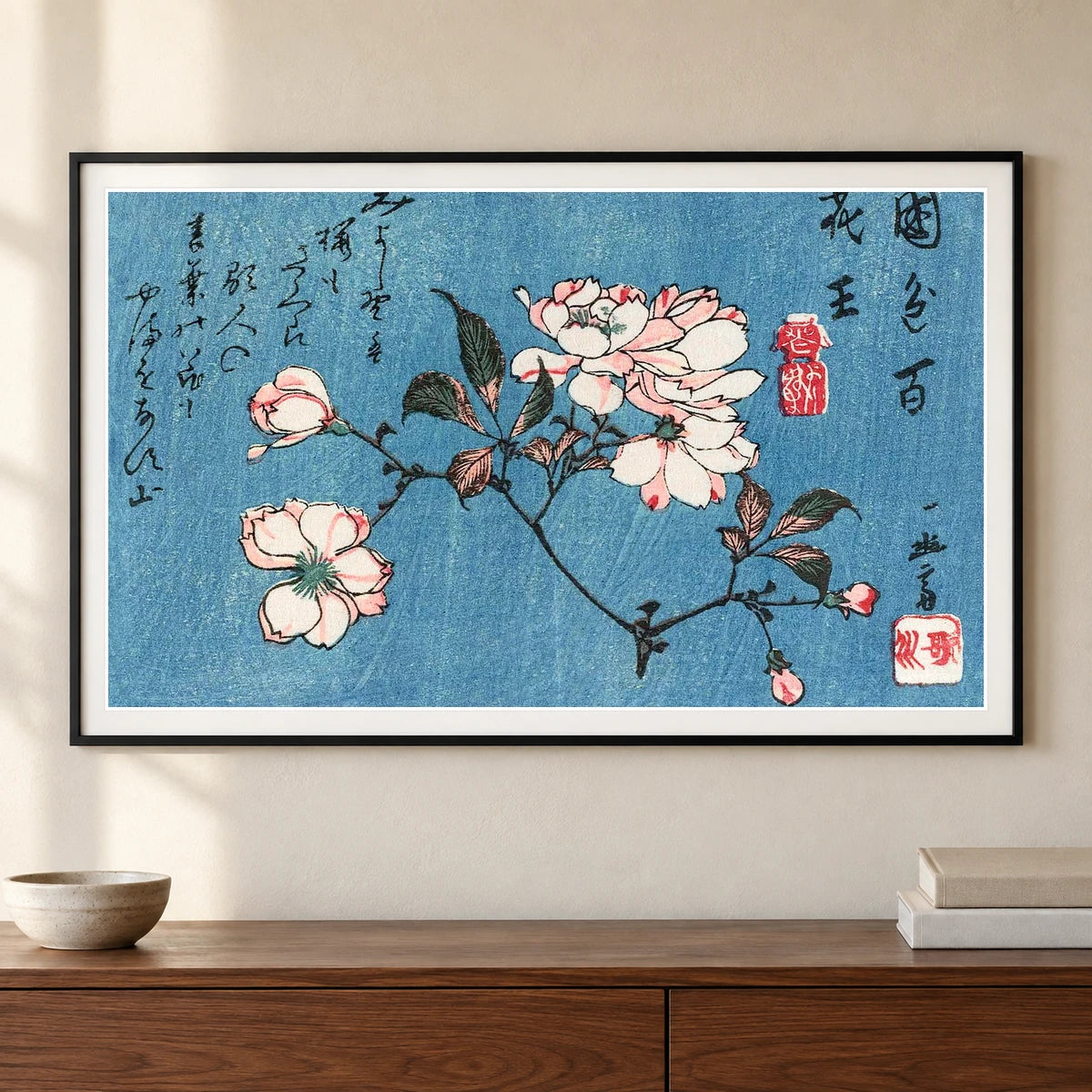 Cherry Blossoms (1797–1858) Woodblock Print By Utagawa Hiroshige — Japanese Ukiyo-e shown in a styled interior