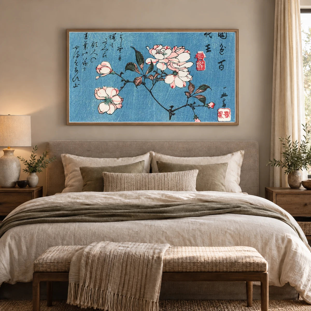 Cherry Blossoms (1797–1858) Woodblock Print By Utagawa Hiroshige — Japanese Ukiyo-e shown in a styled interior