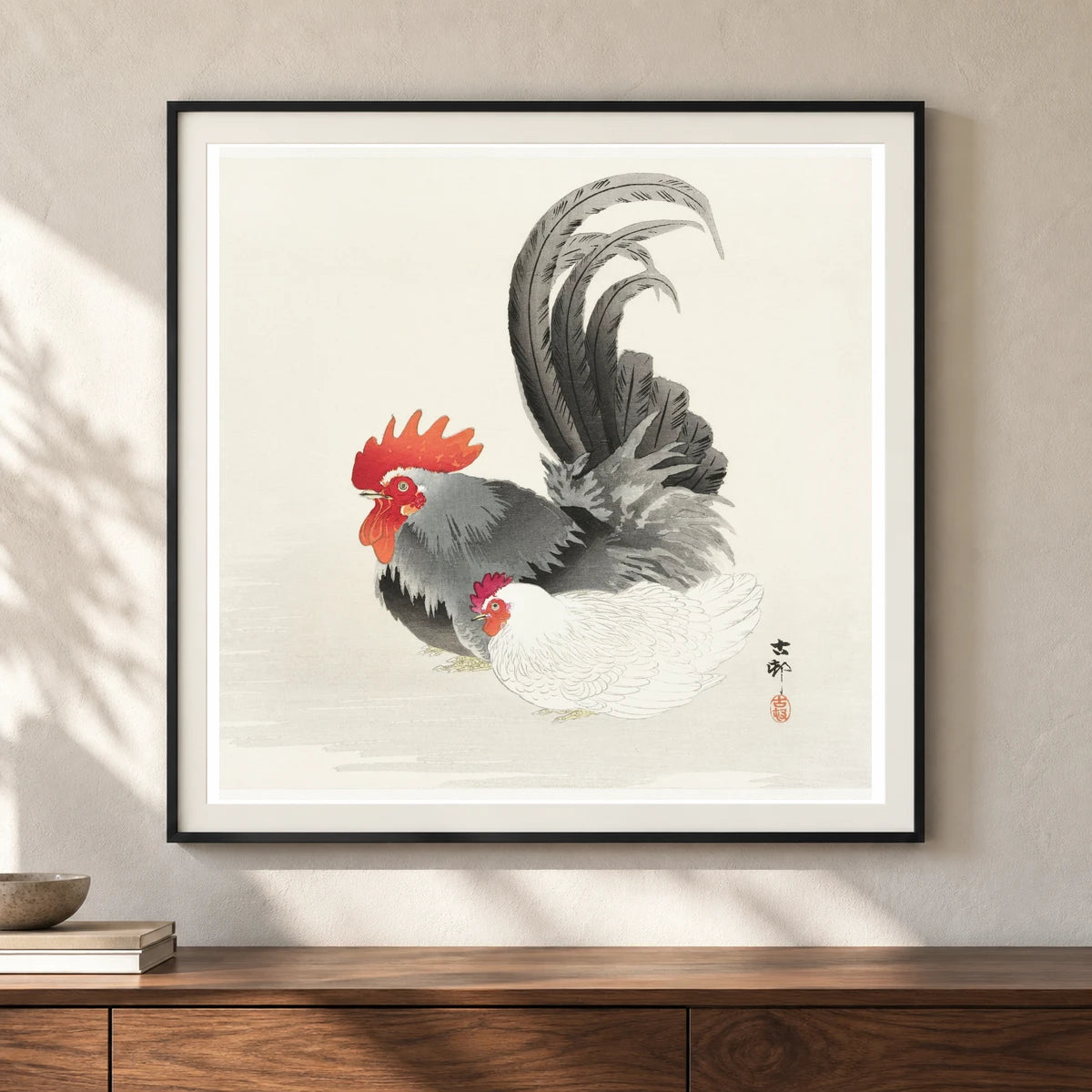 Chicken And Cock (1900 1936) By Ohara Koson — Japanese Ukiyo-e shown in a styled interior