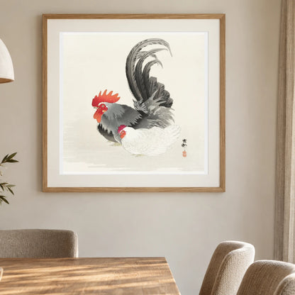 Chicken And Cock (1900 1936) By Ohara Koson — Japanese Ukiyo-e shown in a styled interior