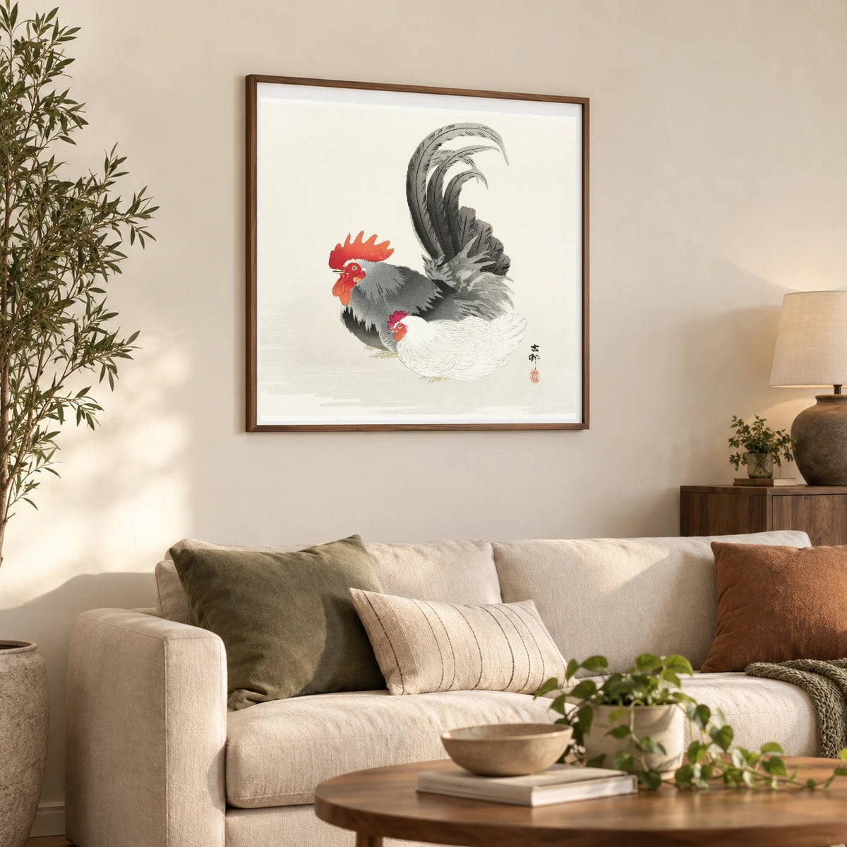 Chicken And Cock (1900 1936) By Ohara Koson — Japanese Ukiyo-e shown in a styled interior