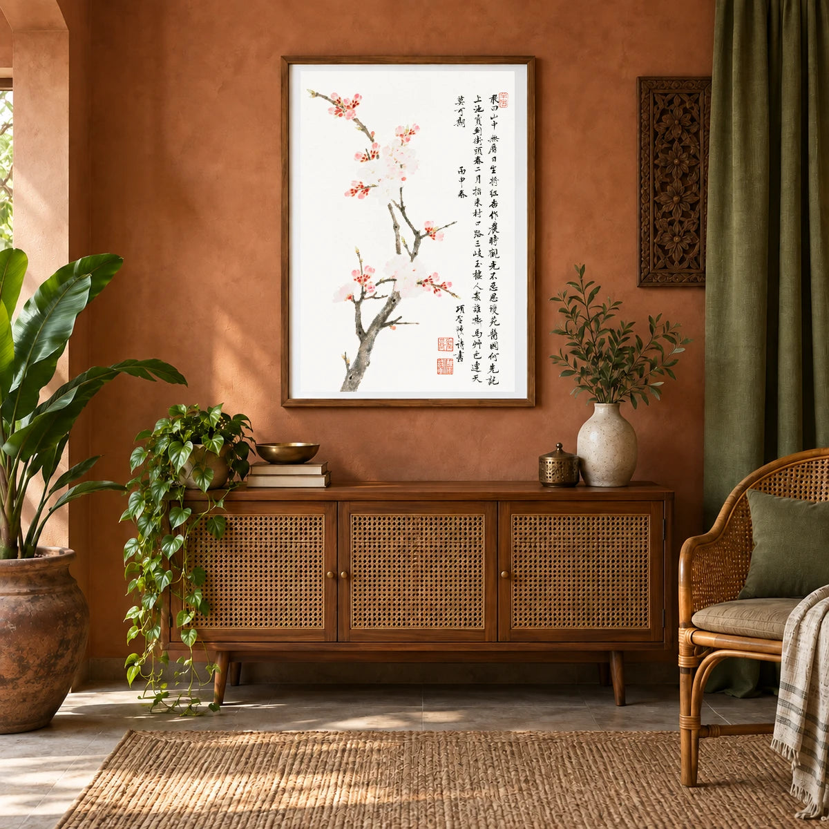 Chinese Cherry Blossom (1656) Vintage Painting By Xiang Shengmo — Japanese Ukiyo-e shown in a styled interior
