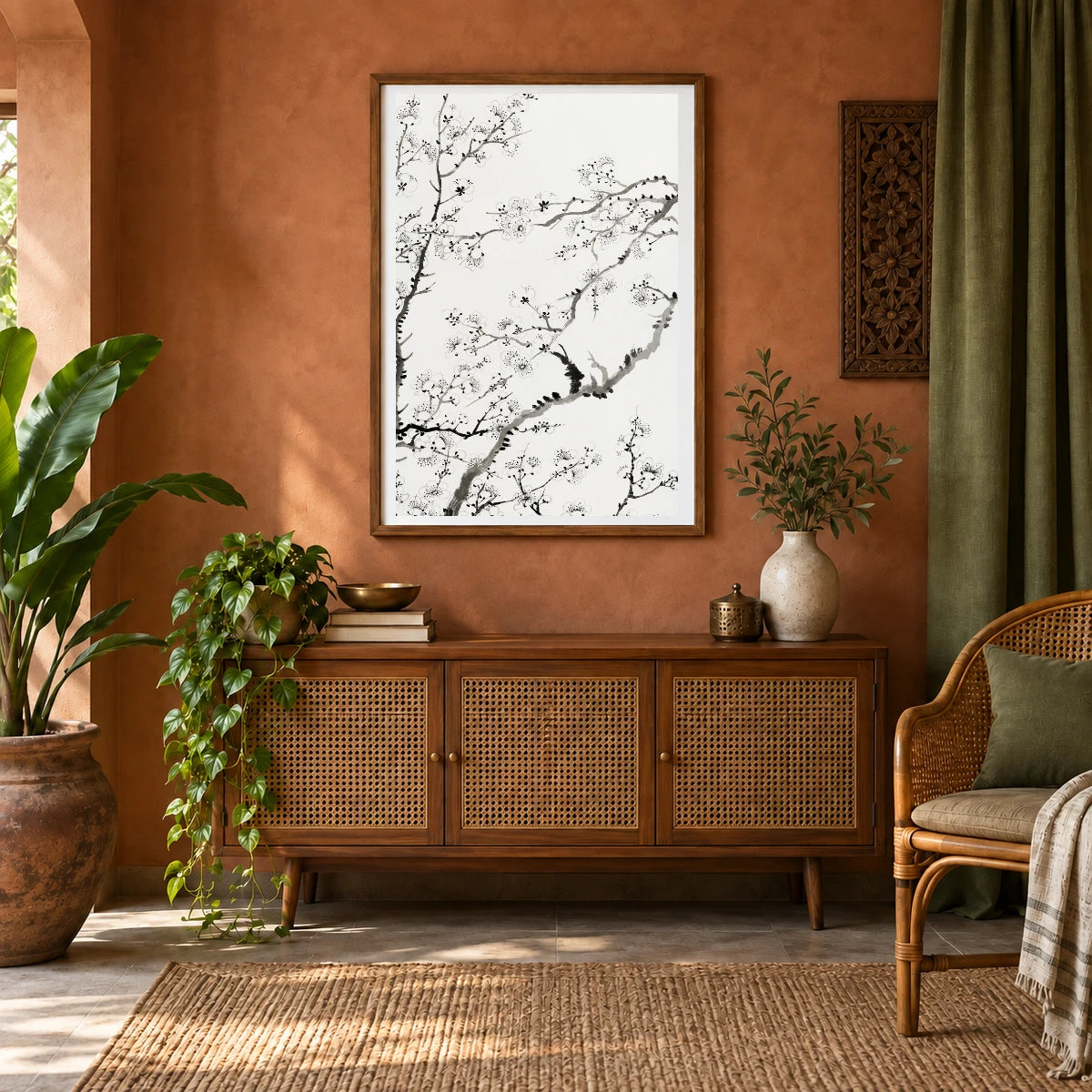 Chinese Cherry Blossom (1838) Vintage Painting By Rushan — Japanese Ukiyo-e shown in a styled interior