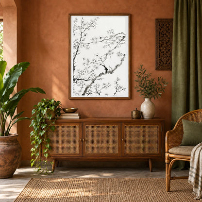 Chinese Cherry Blossom (1838) Vintage Painting By Rushan — Japanese Ukiyo-e shown in a styled interior
