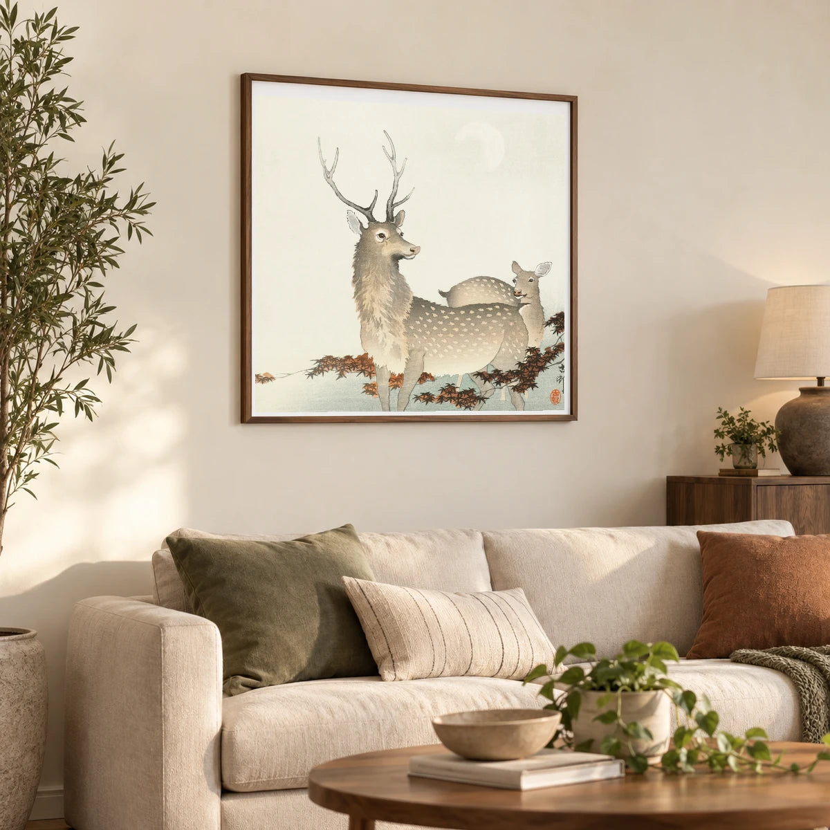 Couple Of Deers (1900 1930) By Ohara Koson — Japanese Ukiyo-e shown in a styled interior