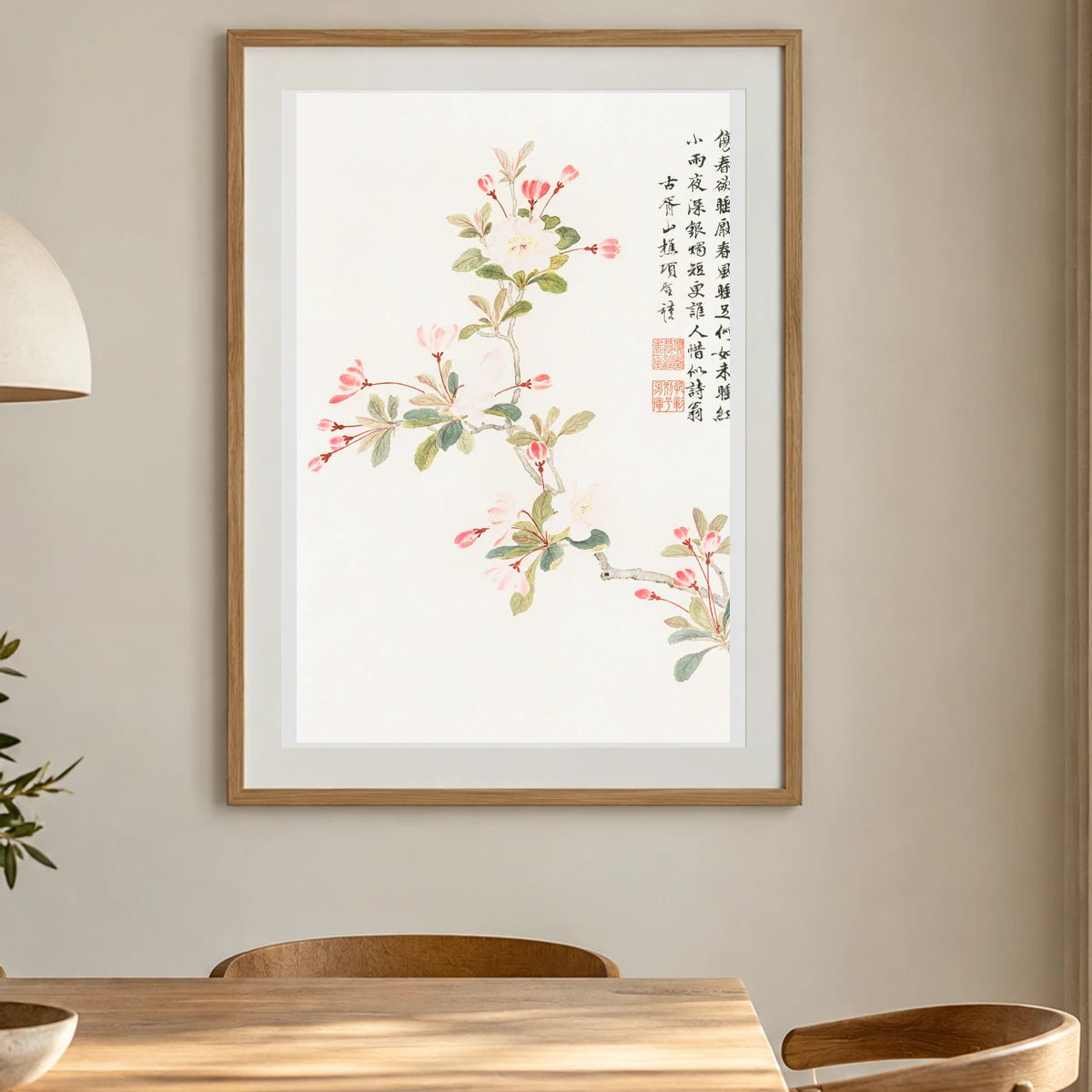Crab Apple Blossom (1656) Vintage Chinese Painting By Xiang Shengmo — Japanese Ukiyo-e shown in a styled interior