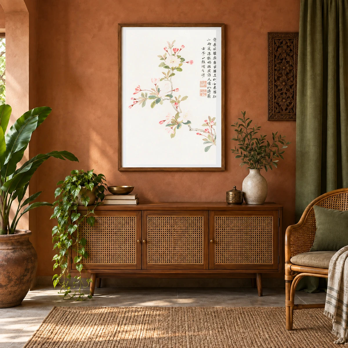 Crab Apple Blossom (1656) Vintage Chinese Painting By Xiang Shengmo — Japanese Ukiyo-e shown in a styled interior