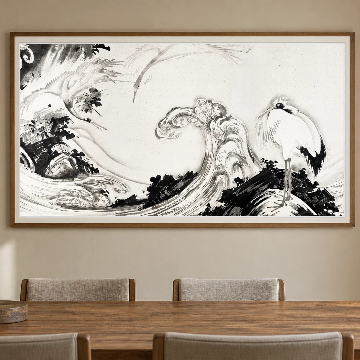 Cranes And Waves (1760s) Vintage Japanese Painting By Soga Shōhaku — Japanese Ukiyo-e shown in a styled interior