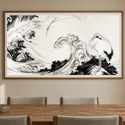 Cranes And Waves (1760s) Vintage Japanese Painting By Soga Shōhaku — Japanese Ukiyo-e shown in a styled interior