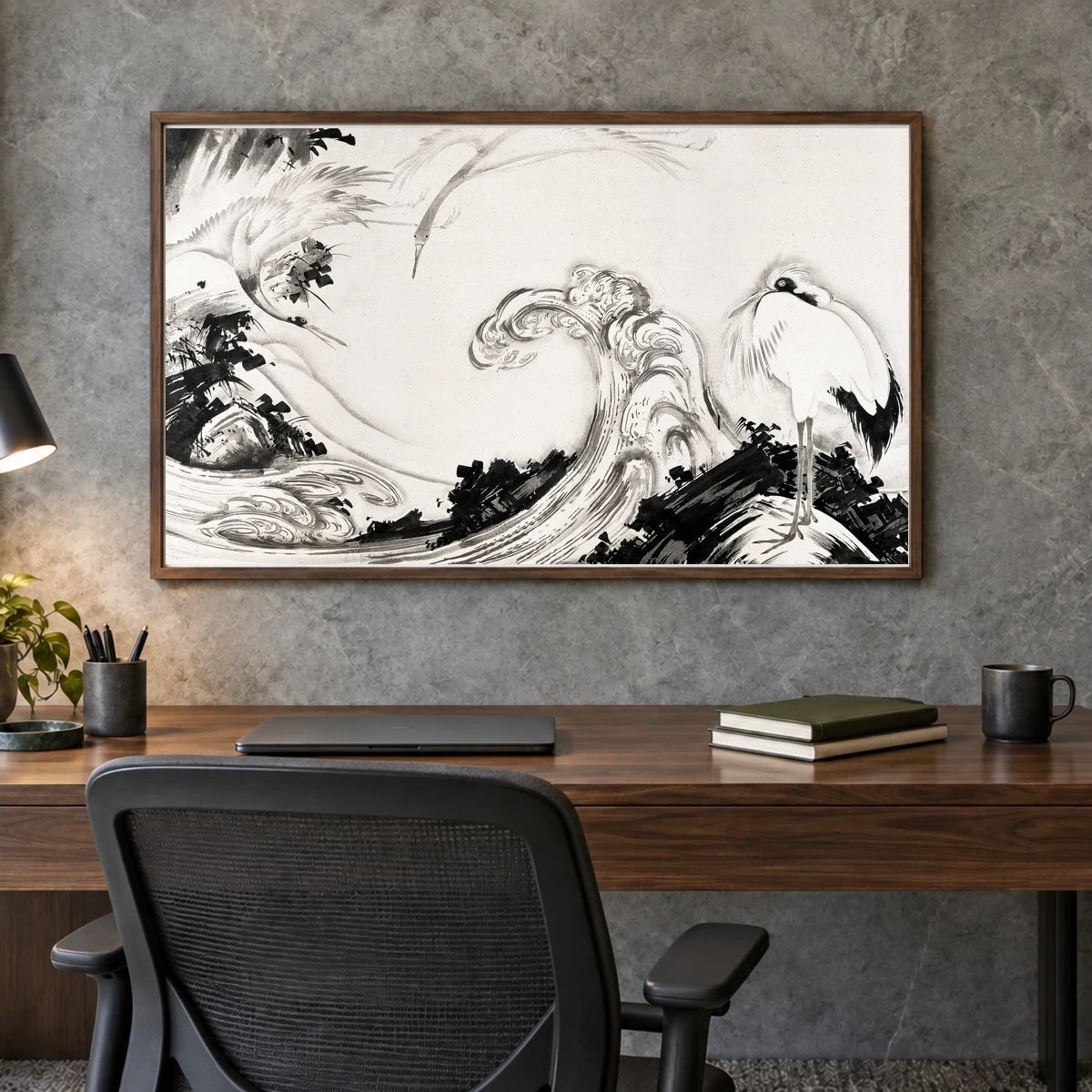 Cranes And Waves (1760s) Vintage Japanese Painting By Soga Shōhaku — Japanese Ukiyo-e shown in a styled interior