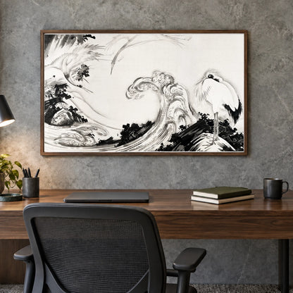 Cranes And Waves (1760s) Vintage Japanese Painting By Soga Shōhaku — Japanese Ukiyo-e shown in a styled interior