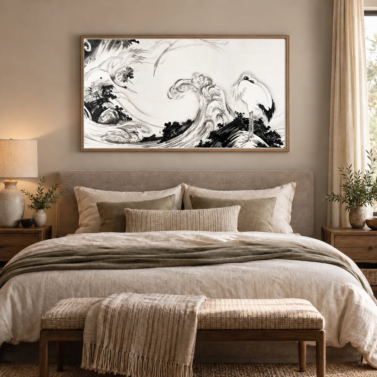 Cranes And Waves (1760s) Vintage Japanese Painting By Soga Shōhaku — Japanese Ukiyo-e shown in a styled interior