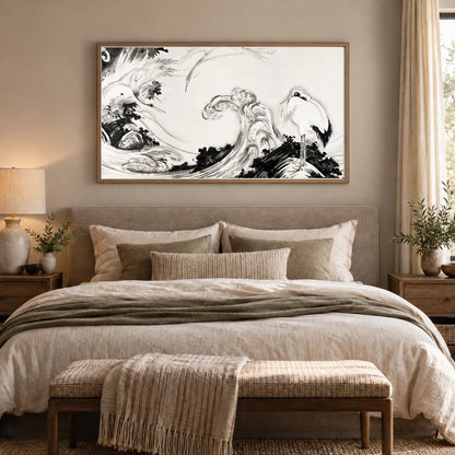 Cranes And Waves (1760s) Vintage Japanese Painting By Soga Shōhaku — Japanese Ukiyo-e shown in a styled interior