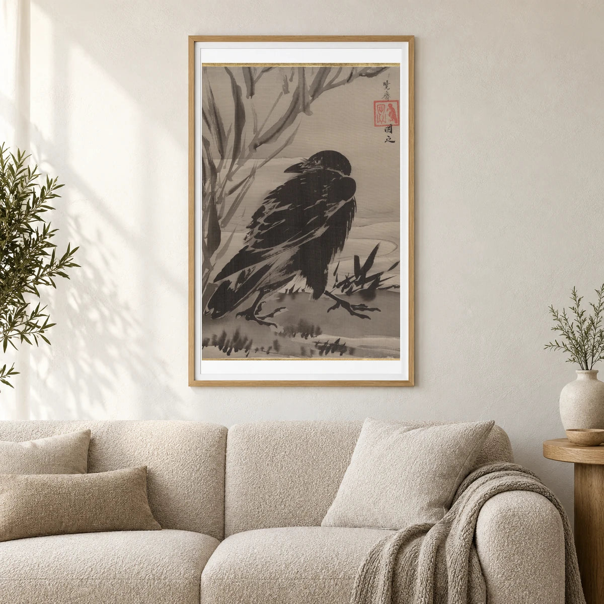 Crow And Reeds By A Stream By Kawanabe Kyosai — Japanese Ukiyo-e shown in a styled interior