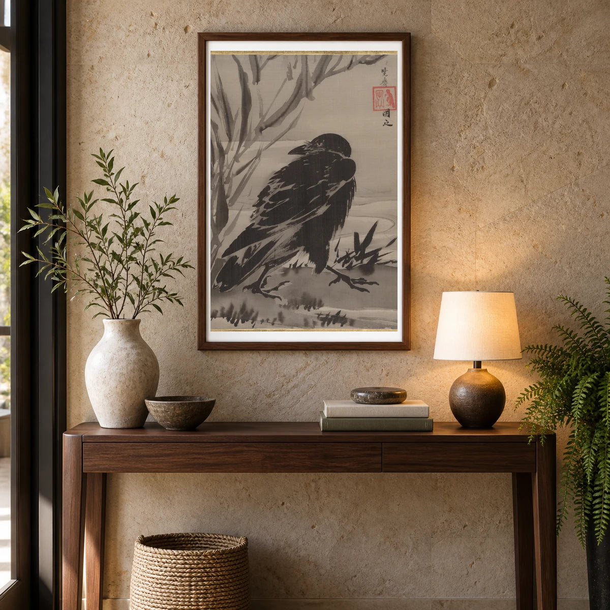 Crow And Reeds By A Stream By Kawanabe Kyosai — Japanese Ukiyo-e shown in a styled interior