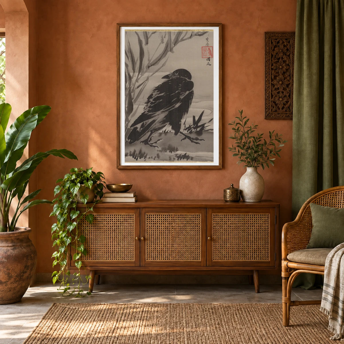 Crow And Reeds By A Stream By Kawanabe Kyosai — Japanese Ukiyo-e shown in a styled interior