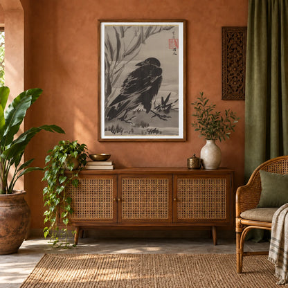 Crow And Reeds By A Stream By Kawanabe Kyosai — Japanese Ukiyo-e shown in a styled interior