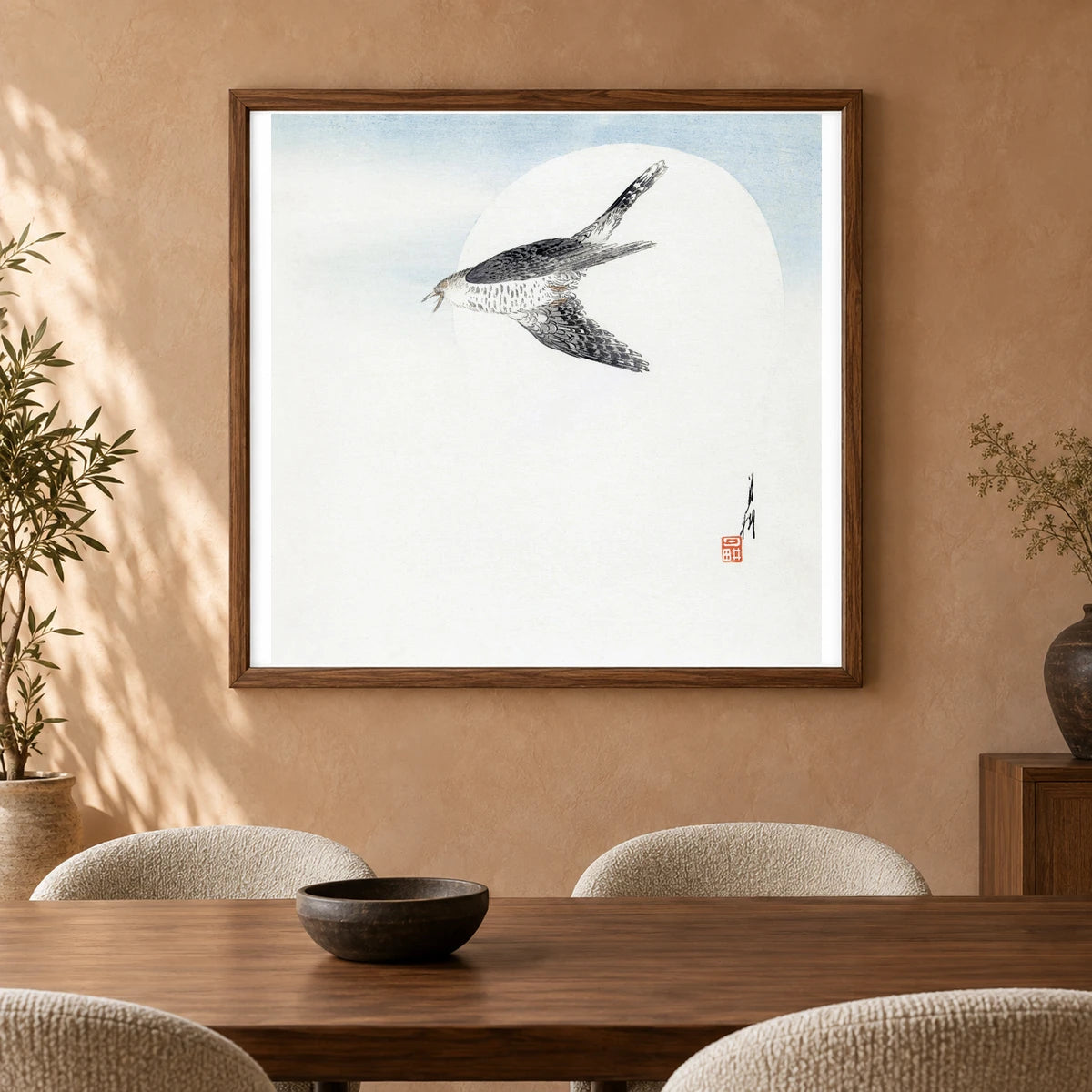 Cuckoo Flying At Full Moon (1900–1910) By Ogata Gekko — Japanese Ukiyo-e shown in a styled interior