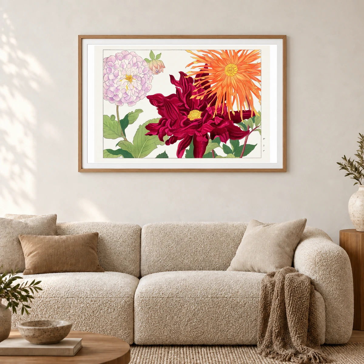 Dahlia Flower Woodblock Painting. By Tanigami Kônan. — Japanese Ukiyo-e shown in a styled interior