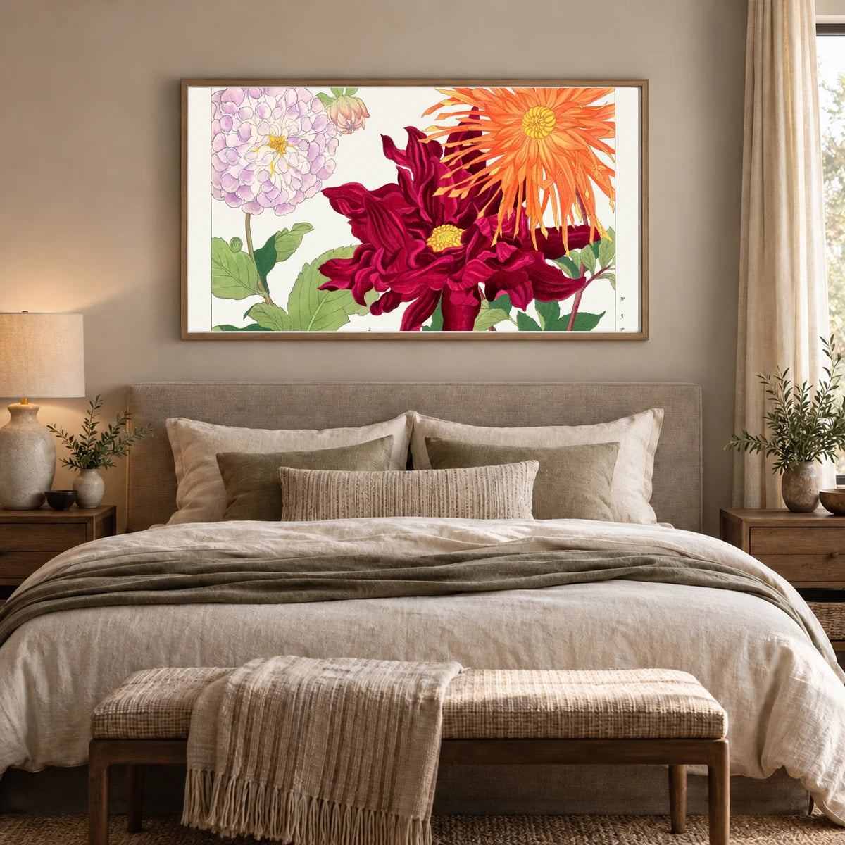 Dahlia Flower Woodblock Painting. By Tanigami Kônan. — Japanese Ukiyo-e shown in a styled interior