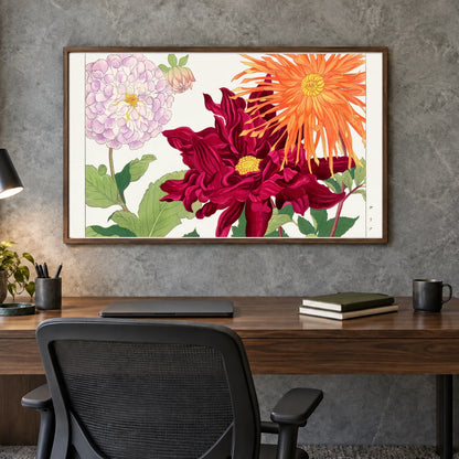 Dahlia Flower Woodblock Painting. By Tanigami Kônan. — Japanese Ukiyo-e shown in a styled interior
