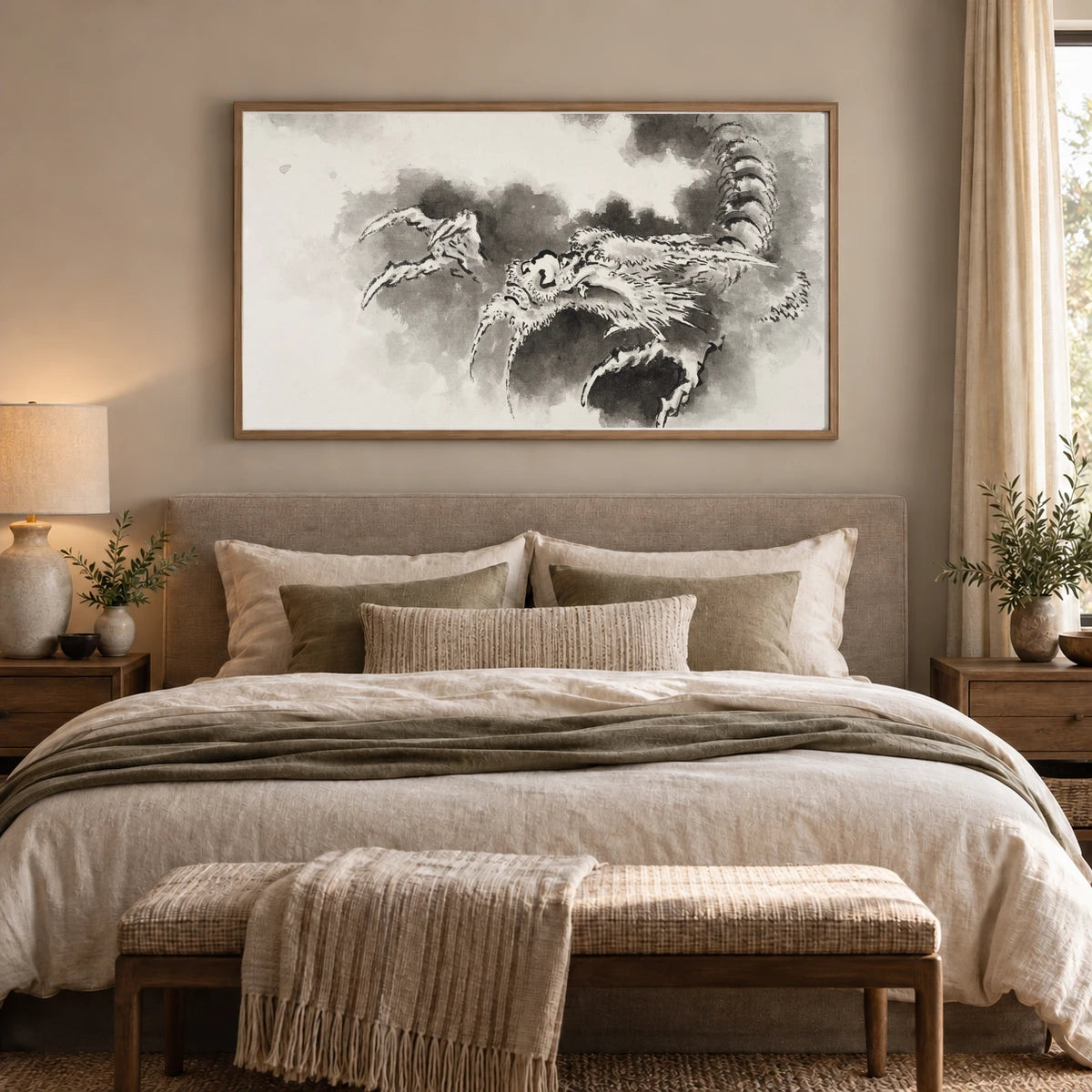 Dragon Emerging From Clouds (1760 1849) Mythical Creature Illustration By Katsushika Hokusai — Japanese Ukiyo-e shown in a styled interior