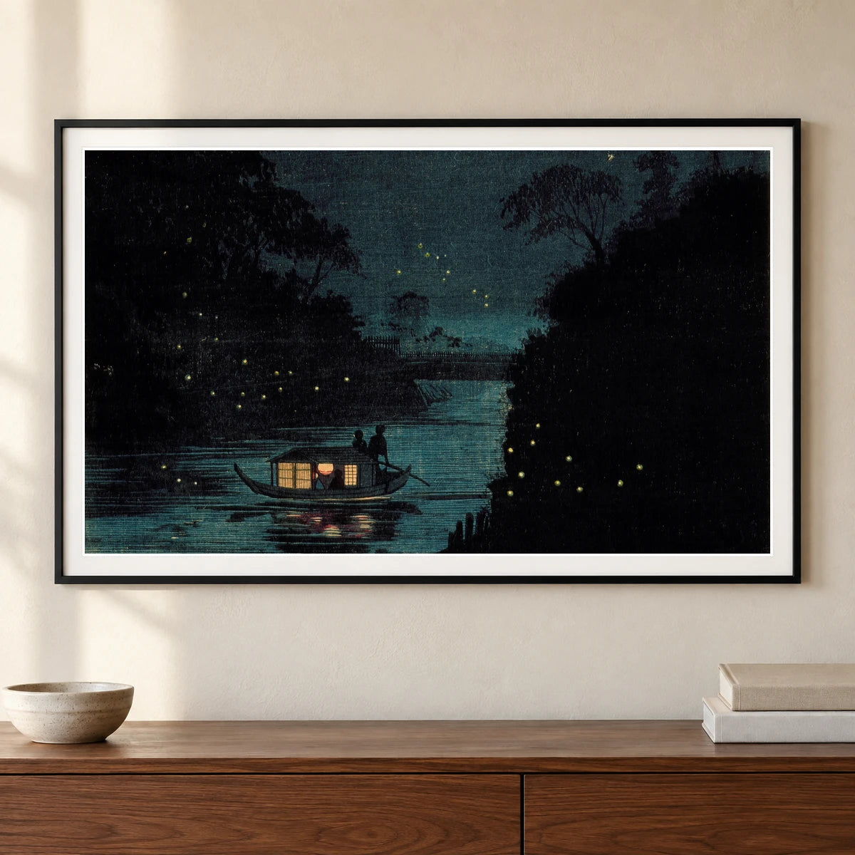 Fireflies At Ochanomizu By Kobayashi Kiyochika — Japanese Ukiyo-e shown in a styled interior
