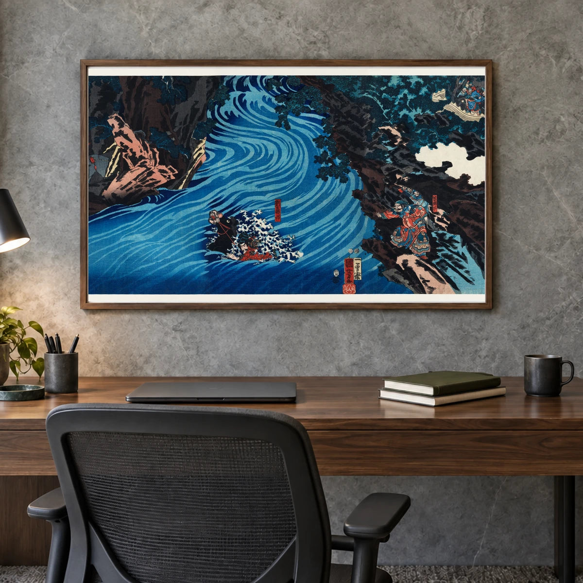 Gentoku Uma O Odorashite Tankei O Koeru Zu By Utagawa Kuniyoshi — Japanese Ukiyo-e shown in a styled interior
