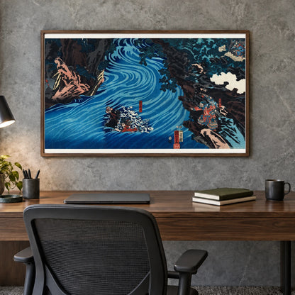 Gentoku Uma O Odorashite Tankei O Koeru Zu By Utagawa Kuniyoshi — Japanese Ukiyo-e shown in a styled interior
