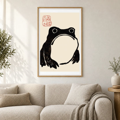 Grumpy Frog Dark Matsumoto Hoji — Japanese Ukiyo-e shown in a styled interior