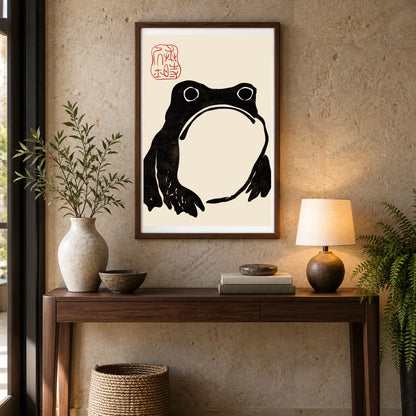 Grumpy Frog Dark Matsumoto Hoji — Japanese Ukiyo-e shown in a styled interior