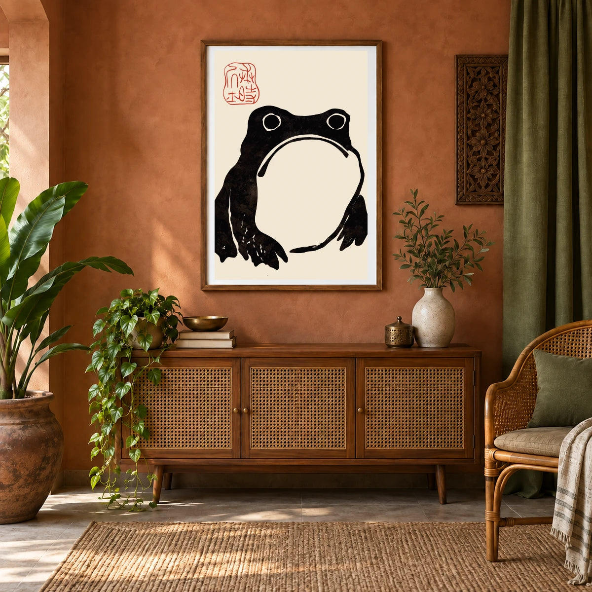 Grumpy Frog Dark Matsumoto Hoji — Japanese Ukiyo-e shown in a styled interior
