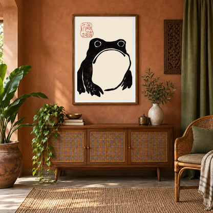 Grumpy Frog Dark Matsumoto Hoji — Japanese Ukiyo-e shown in a styled interior