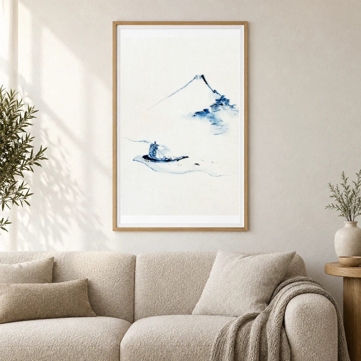 Hokusai S A Person In A Small Boat On A River With Mount Fuji In The Background — Japanese Ukiyo-e shown in a styled interior