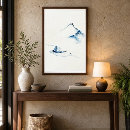 Hokusai S A Person In A Small Boat On A River With Mount Fuji In The Background — Japanese Ukiyo-e shown in a styled interior