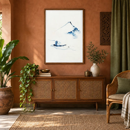 Hokusai S A Person In A Small Boat On A River With Mount Fuji In The Background — Japanese Ukiyo-e shown in a styled interior