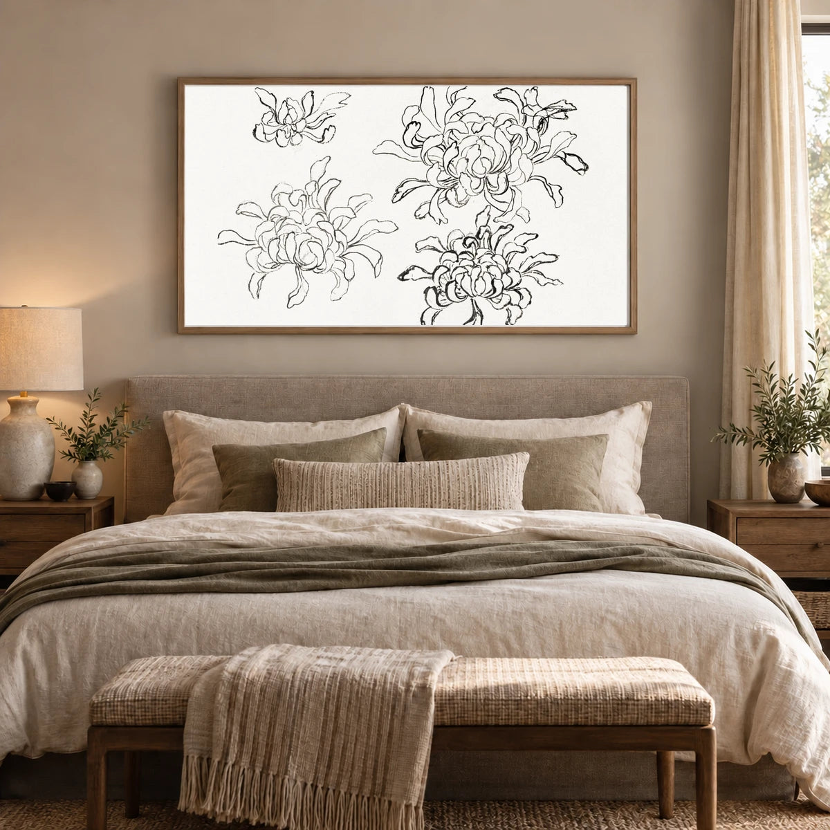 Hokusai S Chrysanthemum, Vintage Painting — Japanese Ukiyo-e shown in a styled interior