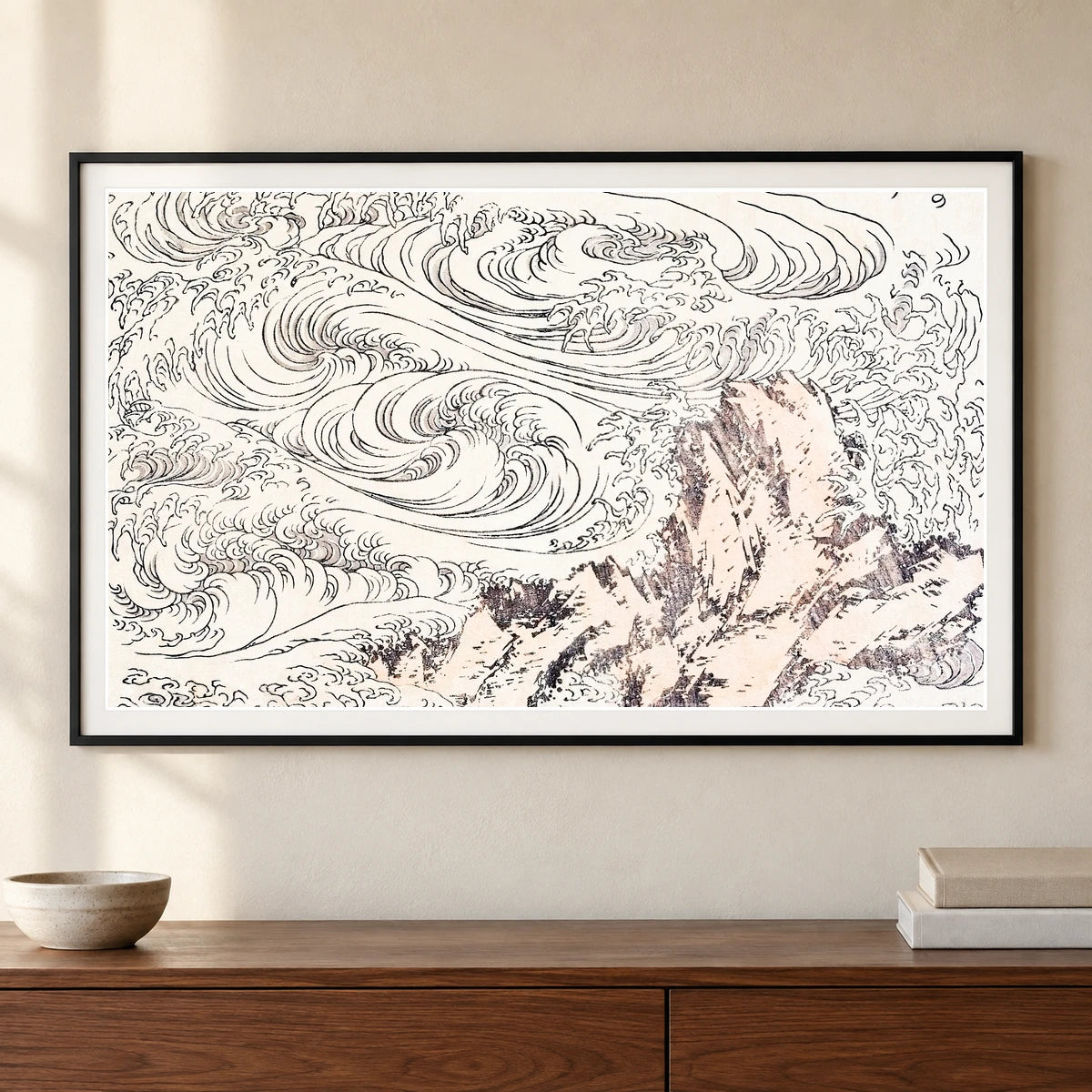 Hokusai’s Whirlpool At Awa (1817) Vintage Japanese Woodcut Print — Japanese Ukiyo-e shown in a styled interior