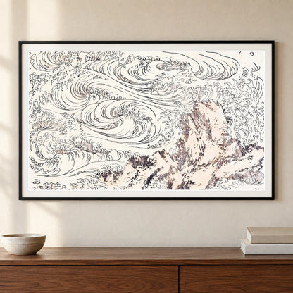 Hokusai’s Whirlpool At Awa (1817) Vintage Japanese Woodcut Print — Japanese Ukiyo-e shown in a styled interior